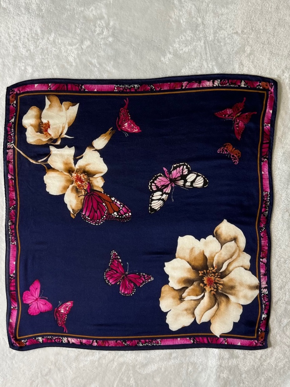 Vintage Elaine Gold Collection XIIX Silk Scarf Navy Floral Butterfly Square